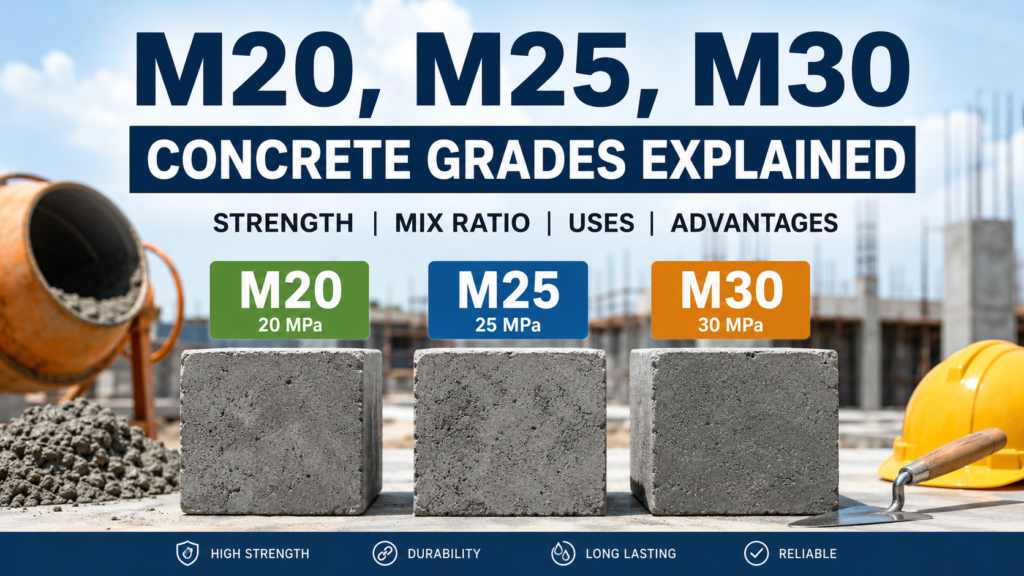 M20, M25 and M30 concrete grades explained with compressive strength, mix ratio and construction applications